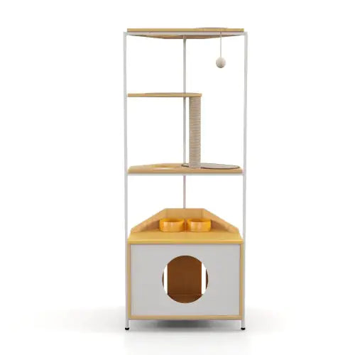 Modern cat furniture with feeding station featuring scratching post and elevated platforms in white and wood finish