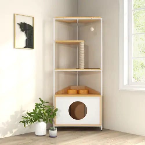 Modern cat furniture with feeding station featuring multi-level shelves and cozy enclosed space