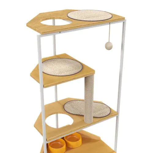 Modern cat furniture with feeding station featuring multiple platforms, scratching posts, and two feeding bowls