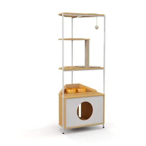 Modern cat furniture with feeding station featuring scratching posts and cozy hideaway area