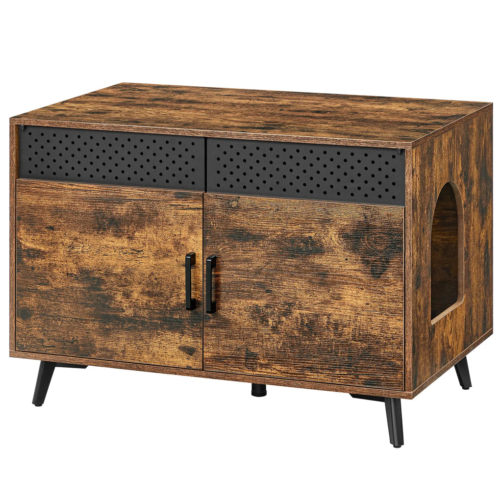 Rustic wooden cat litter box enclosure furniture with black perforated vents and side entrance