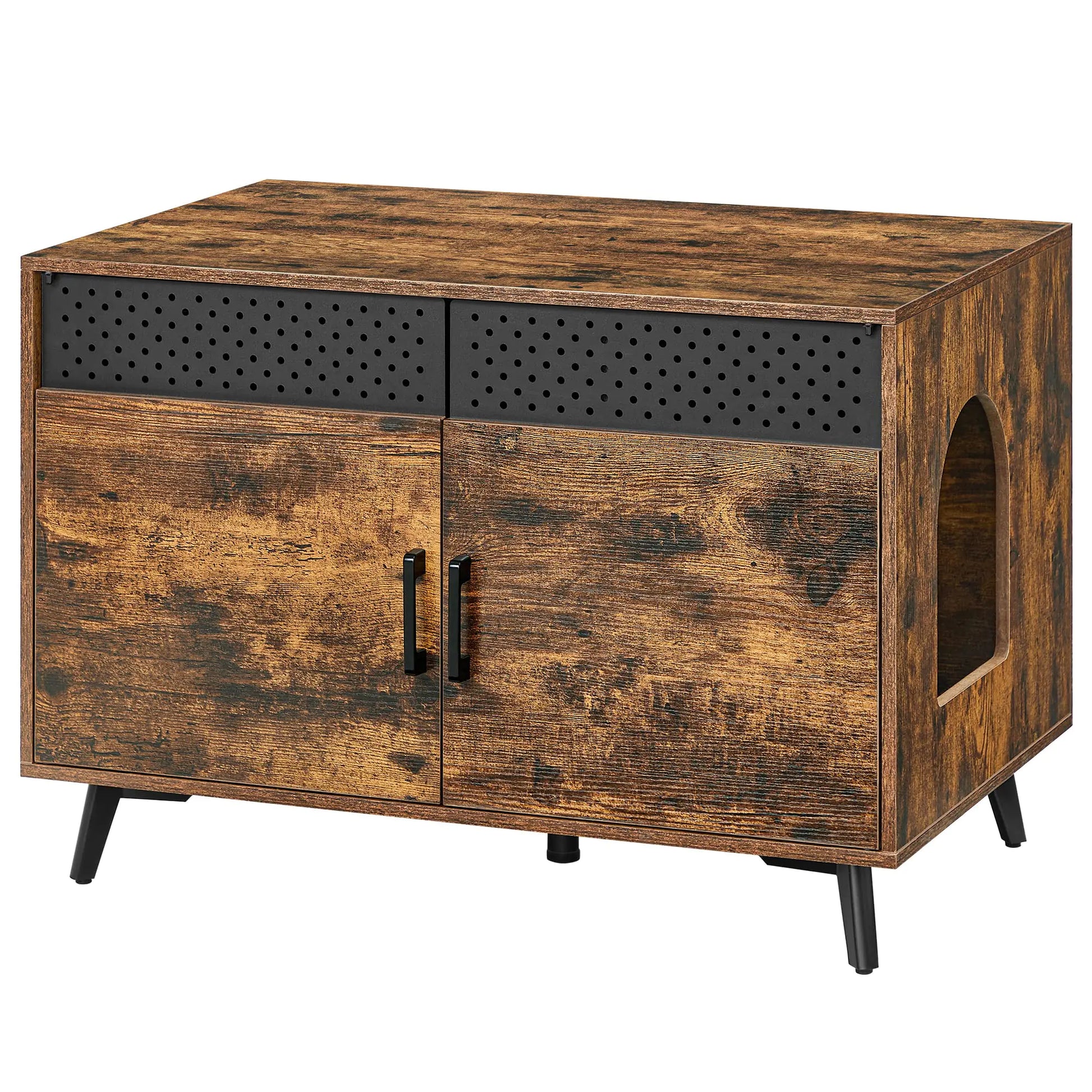 Rustic wooden cat litter box enclosure furniture with black perforated vents and side entrance
