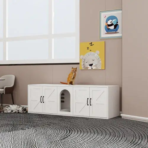 White modern cat litter box furniture with enclosed compartments and doors in a living room setting