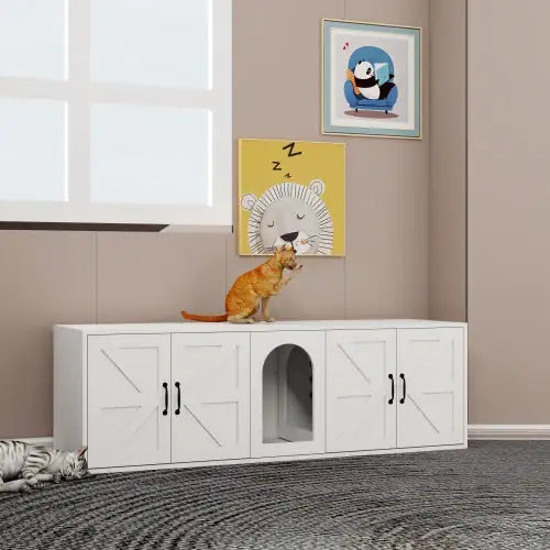 White modern cat litter box furniture with closed cabinets and central arch opening in a cozy room