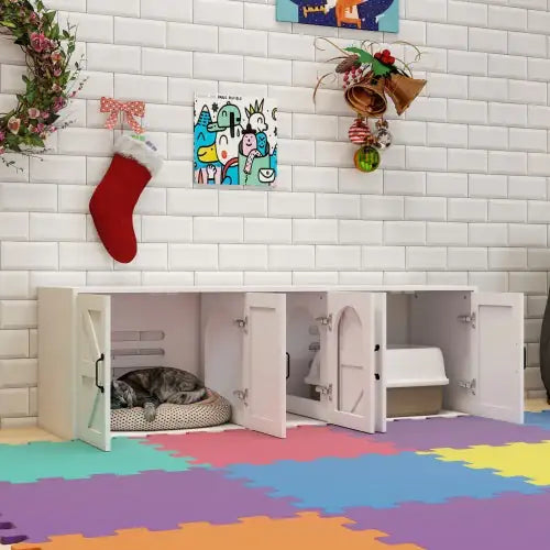 Modern cat litter box furniture with white cabinets and doors, featuring a cat resting and a litter box inside