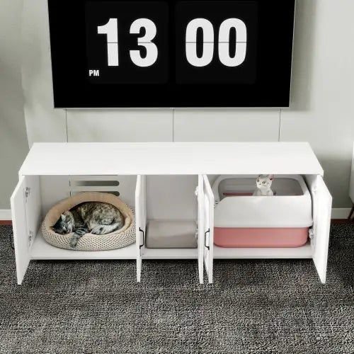 White modern cat litter box furniture with multiple compartments for cat bed and litter box
