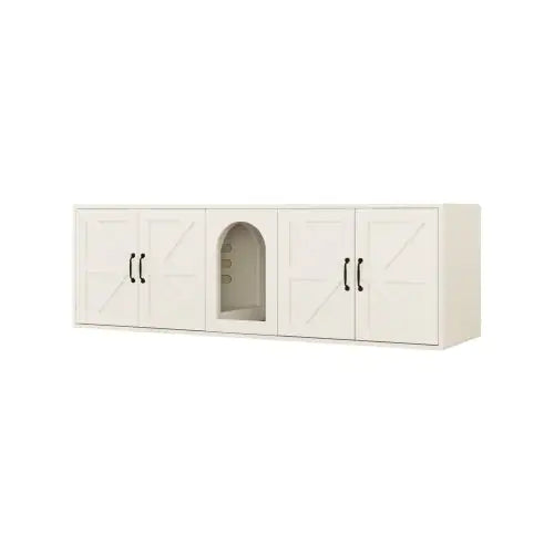 White modern cat litter box furniture with multiple storage compartments and central arched litter entrance