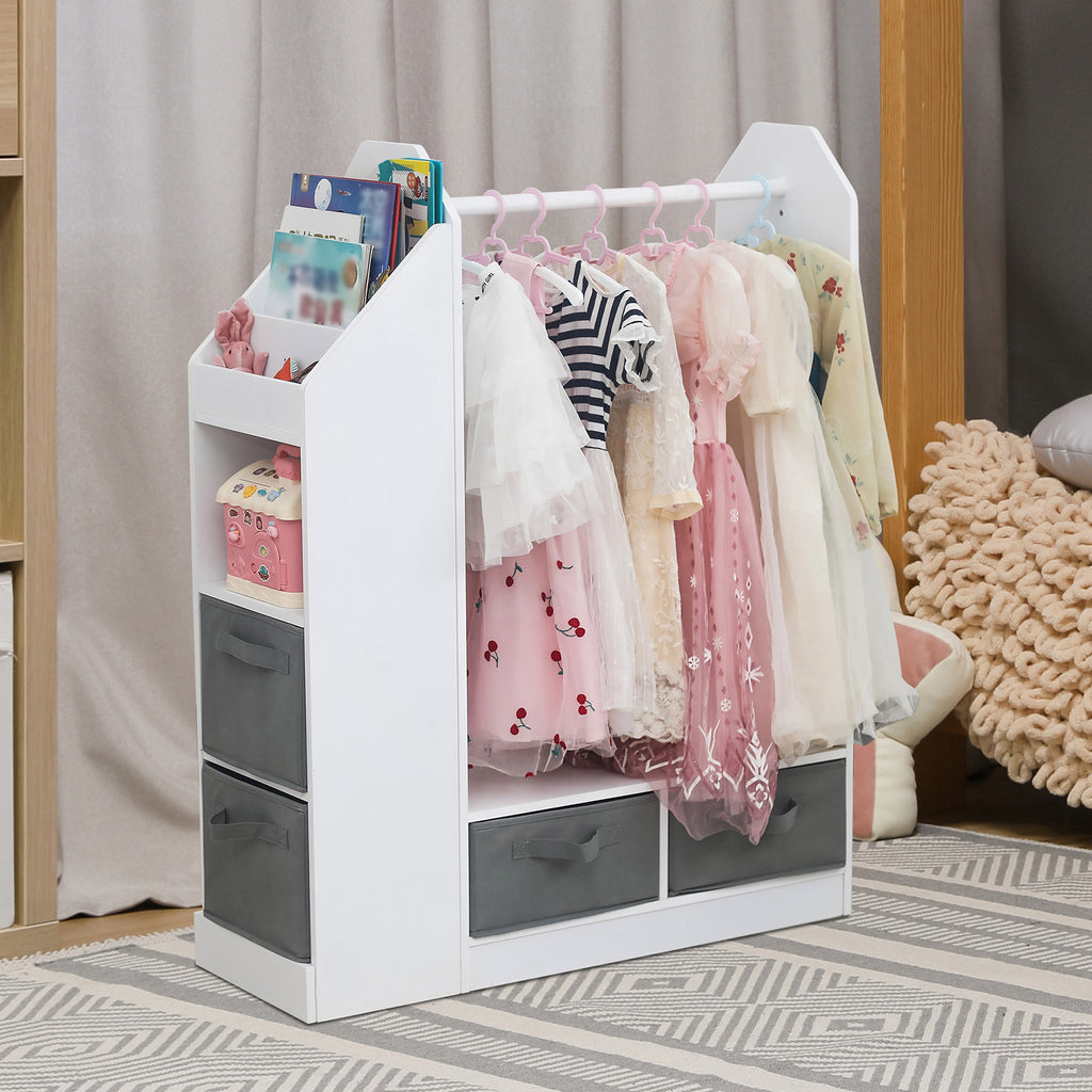 Shopi Vella children's clothing storage rack with hanging dresses and fabric drawers in white