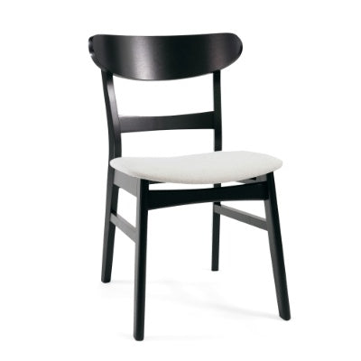 Black wooden modern dining chair set with curved backrest and white cushioned seat