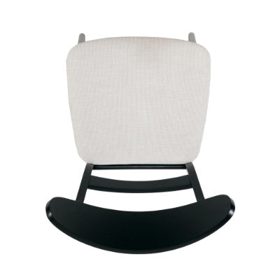Top view of modern dining chair set with black wooden frame and light fabric cushion
