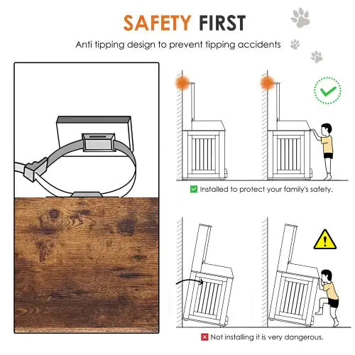 Illustration showing anti tipping safety feature for modern dog crate furniture to prevent accidents