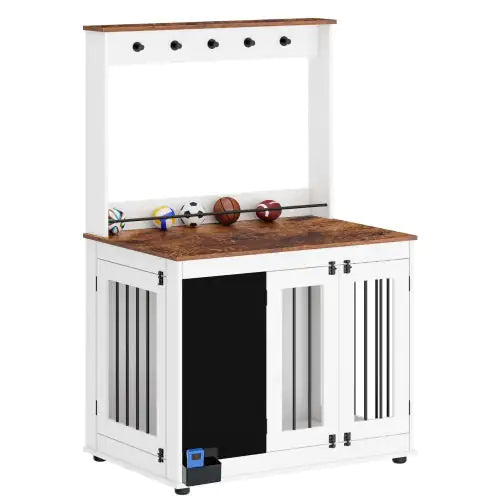 White and wood modern dog crate furniture with hooks and sports balls on top