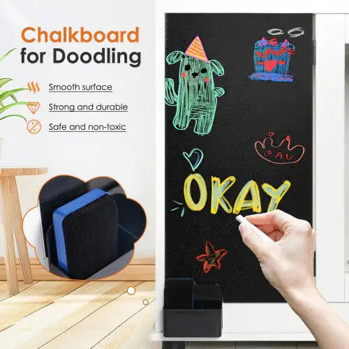 Modern dog crate furniture with a chalkboard surface for doodling and easy cleaning