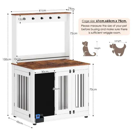 Modern dog crate furniture with wooden top and white frame measuring 61cm by 65cm by 75cm