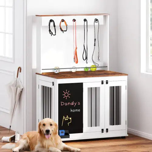 Modern dog crate furniture in white with wooden top and hooks for leashes beside a golden retriever
