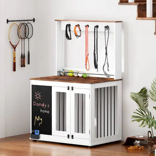 White and wood modern dog crate furniture with storage shelf, chalkboard panel, and leash hooks