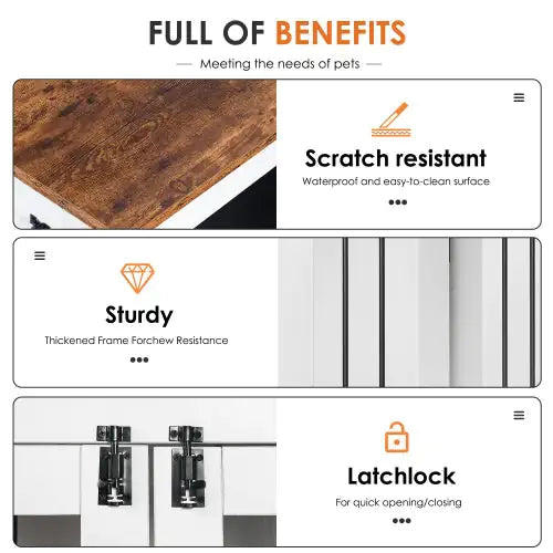 Close-up views of a modern dog crate furniture showing scratch resistant wood surface sturdy frame and latchlock mechanism