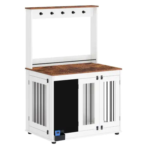 White modern dog crate furniture with rustic wood top and black metal bars for pet containment