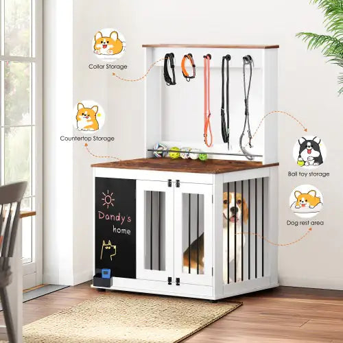 White modern dog crate furniture with storage for collars, toys, and dog rest area with a dog inside