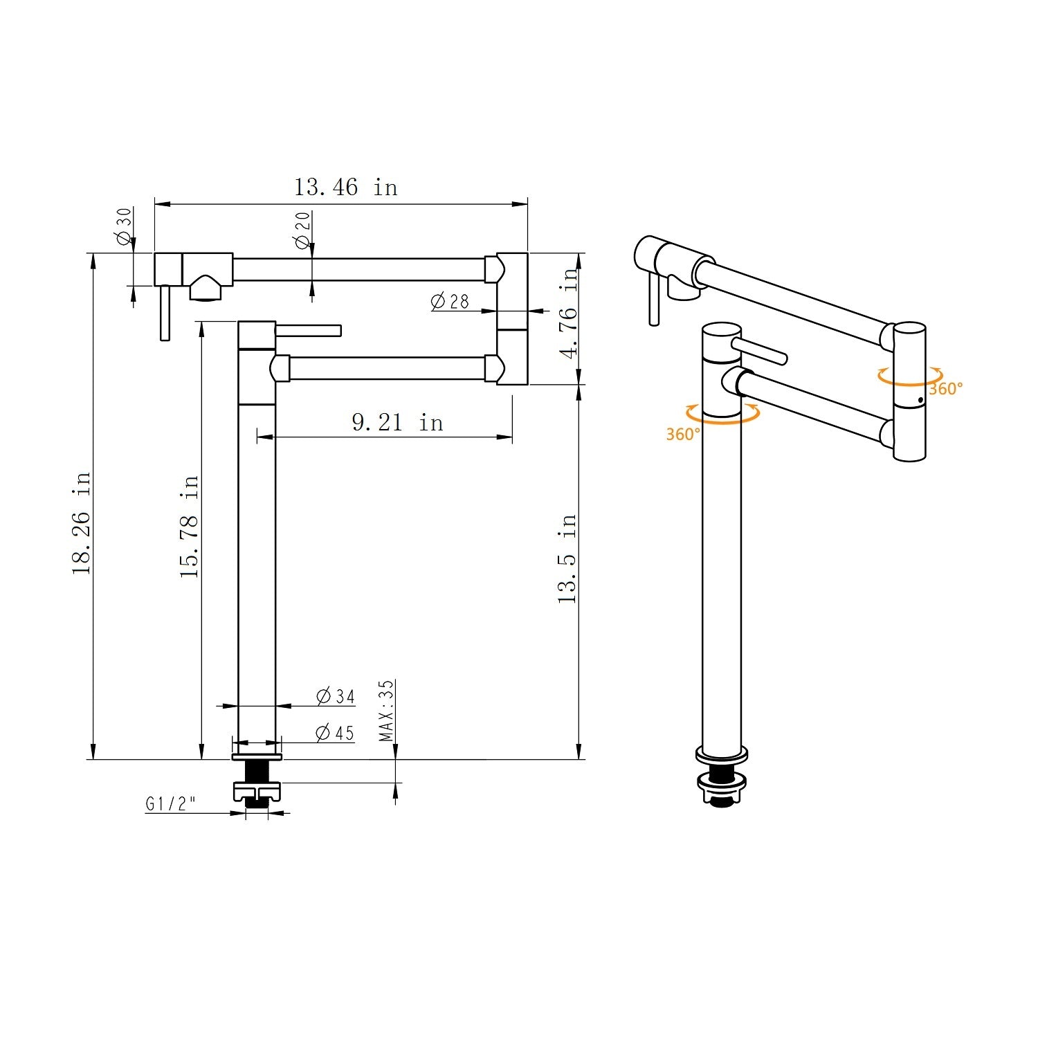Shopi Vella modern folding sink faucet technical drawing with detailed dimensions and 360 degree swivel