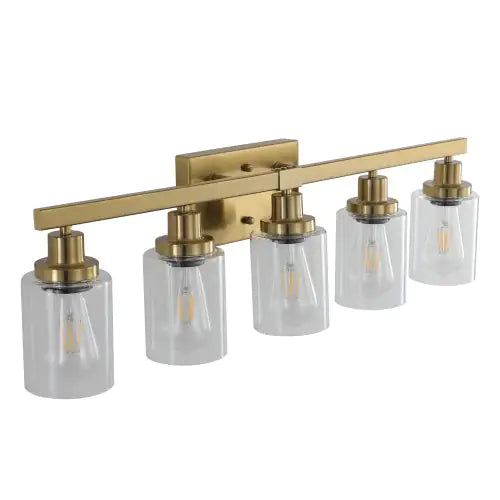 Modern gold vanity light fixture with five clear glass shades and brass finish
