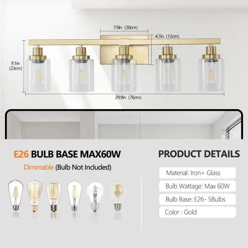 Modern gold vanity light fixture with five clear glass shades and E26 bulb bases