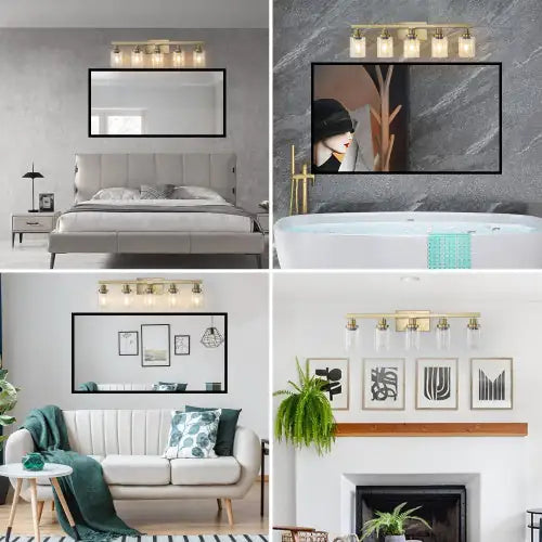 Modern gold vanity light fixture with four glass shades installed above mirrors in bedroom, bathroom, living room, and hallway settings