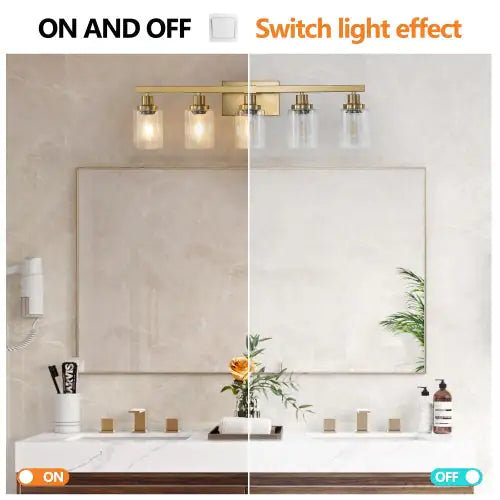 Modern gold vanity light fixture with three glass shades shown on and off above bathroom mirror