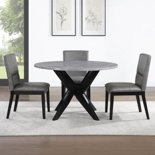 Shopi Vella modern gray dining set with round table and three upholstered chairs on rug