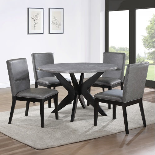 Shopi Vella modern gray dining set with round table and five upholstered chairs in contemporary room