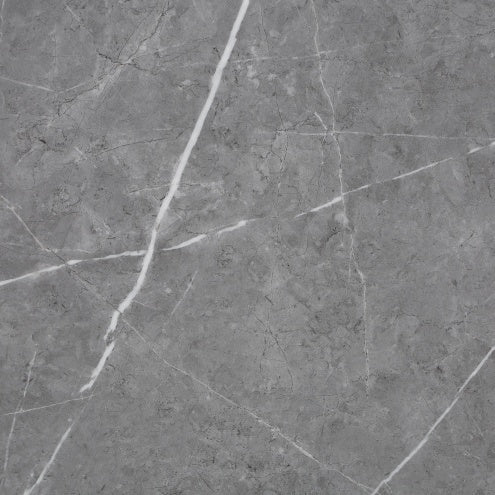 Close-up of modern gray dining set surface with elegant marble texture and white veining by Shopi Vella