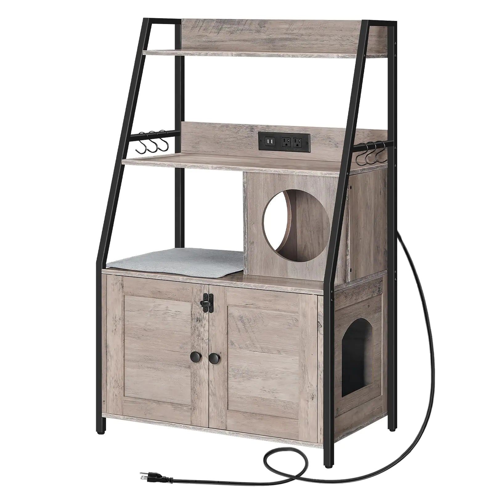 Indoor cat furniture with cat house in wood and black metal frame featuring cubby and shelves