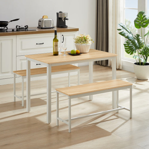 Shopi Vella kitchen table counter with chairs set featuring wooden tops and white metal frames in modern kitchen