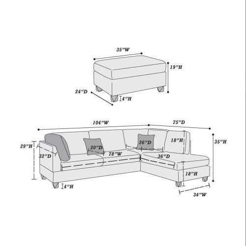 Dimensions of a modern sectional couch for living room with cushions and ottoman in a line drawing