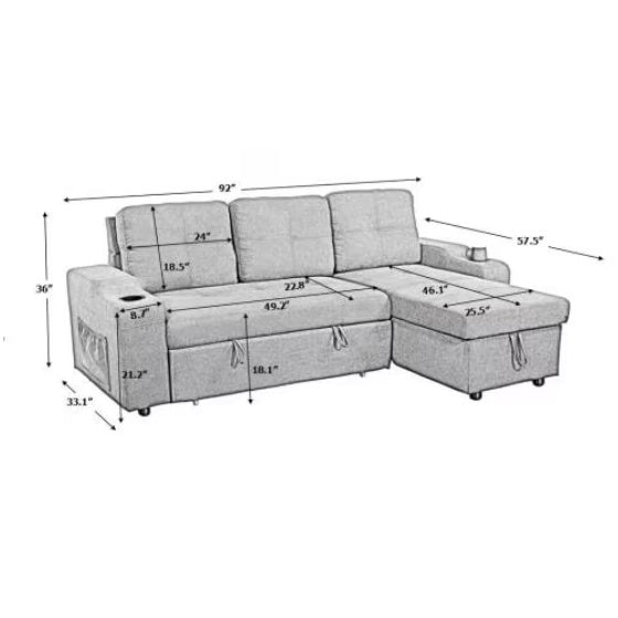 Shopi Vella modern sectional couch for small spaces with measurements and storage compartments