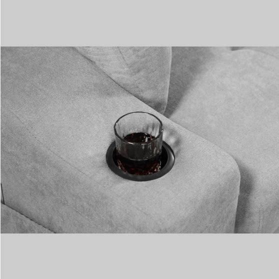 Gray Shopi Vella modern sectional couch for small spaces with built-in cup holder and glass of drink