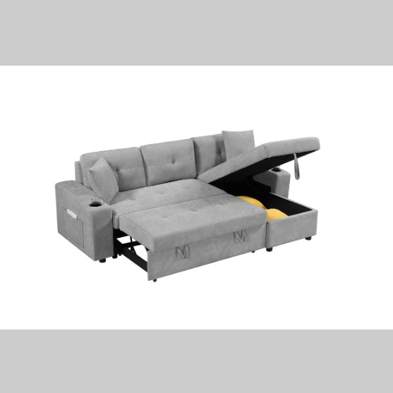 Shopi Vella modern sectional couch for small spaces with storage and pull-out bed in gray fabric