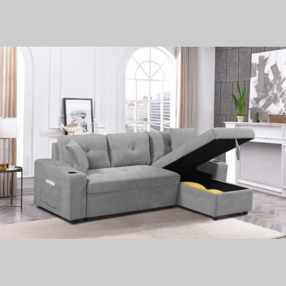 Shopi Vella gray modern sectional couch for small spaces with storage and cup holder in living room