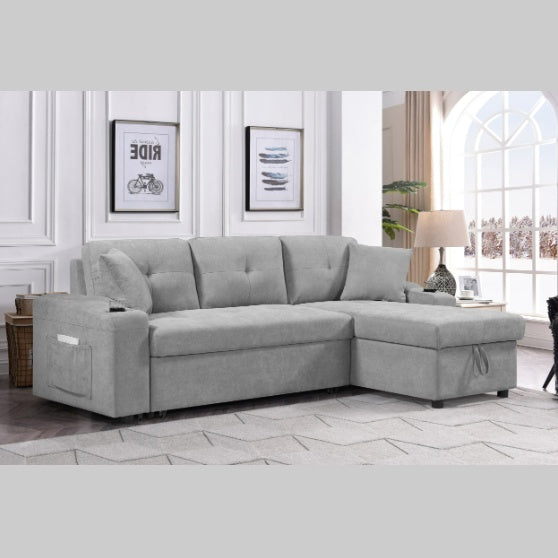 Shopi Vella grey modern sectional couch for small spaces with tufted cushions and armrest storage