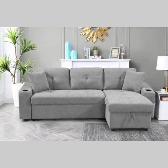 Shopi Vella modern sectional couch for small spaces in gray fabric with chaise and storage