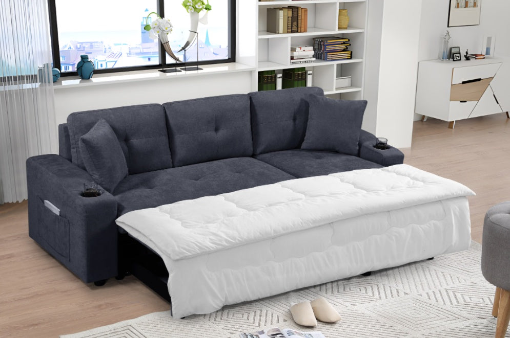 Shopi Vella modern sectional sofa with hidden compartments in dark gray fabric with pull-out bed feature