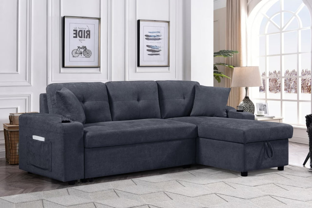 Shopi Vella modern sectional sofa with hidden compartments in dark gray fabric in a bright living room