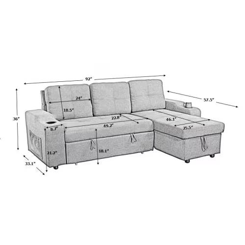 Shopi Vella modern sectional sofa with hidden compartments featuring detailed dimensions in gray fabric