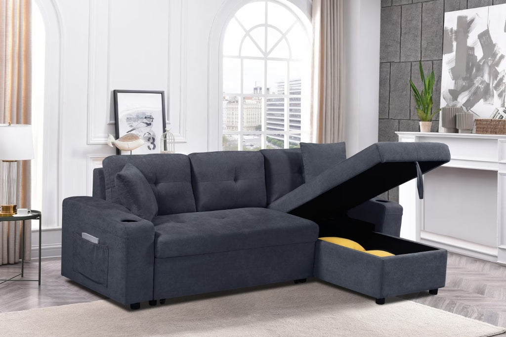 Shopi Vella modern sectional sofa with hidden compartments in dark gray fabric with storage space