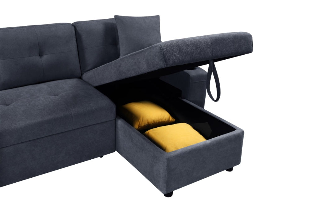 Shopi Vella modern sectional sofa with hidden compartments in dark gray fabric storage space with yellow pillows