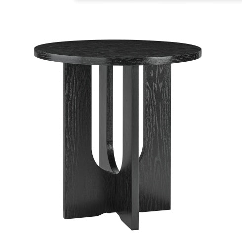 Shopi Vella modern solid wood coffee table with round top and unique intersecting base in black finish