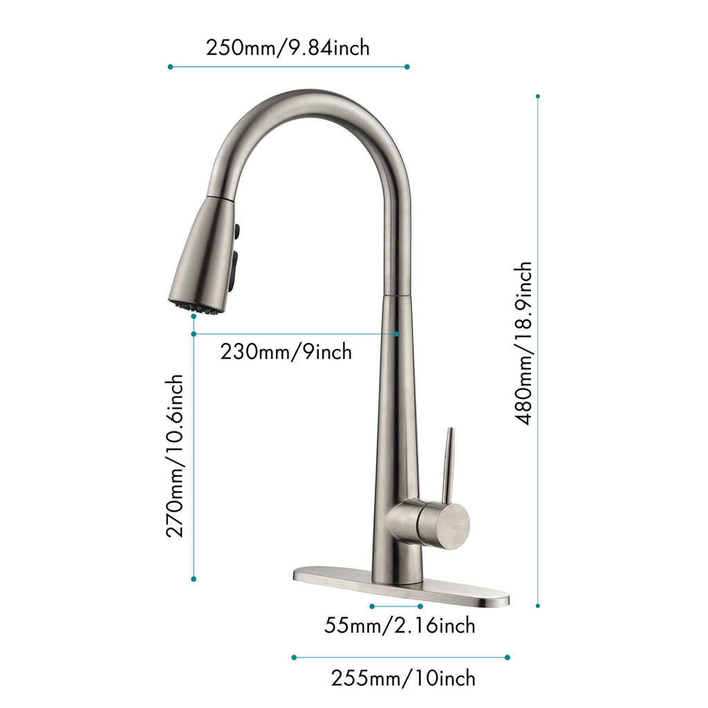 Shopi Vella modern stainless steel kitchen faucet with pull-down spray head and sleek curved design