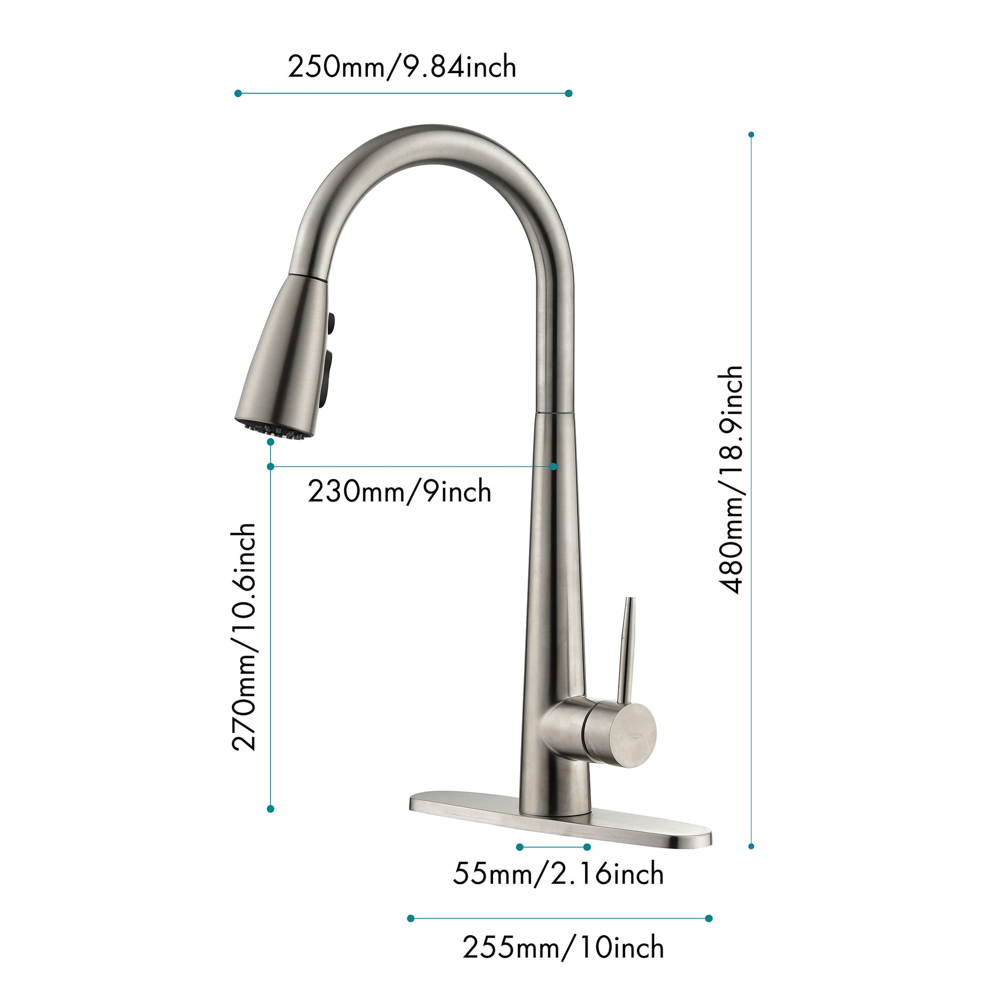 Shopi Vella modern stainless steel kitchen faucet with pull-down spray head and sleek curved design