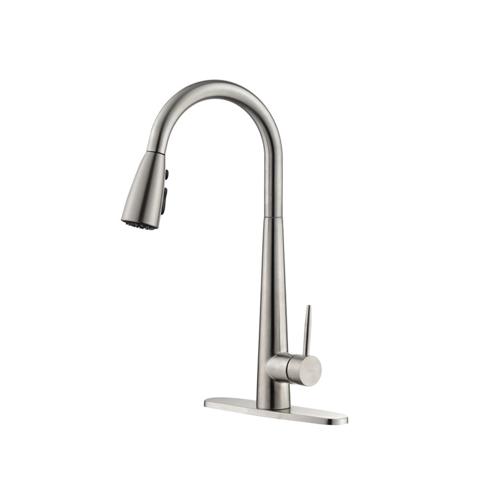 Shopi Vella modern stainless steel kitchen faucet with curved spout and single lever handle