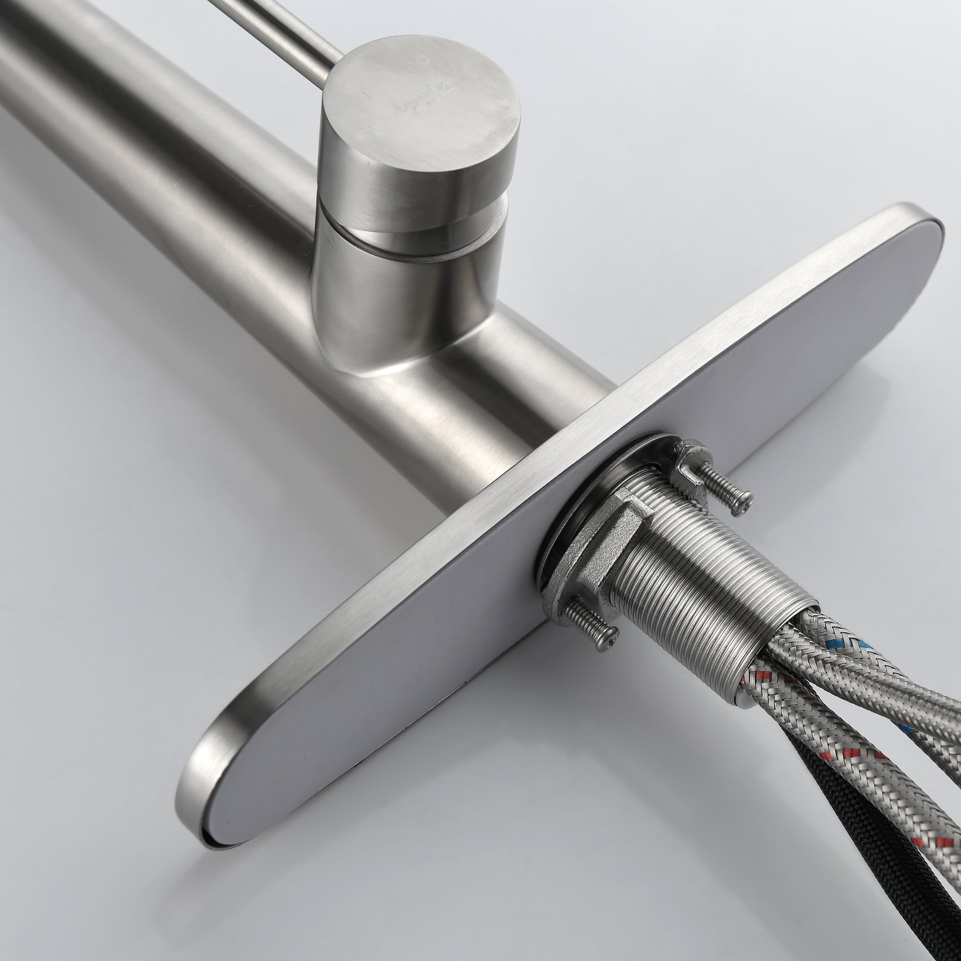 Shopi Vella modern stainless steel kitchen faucet with brushed finish and flexible connection hoses